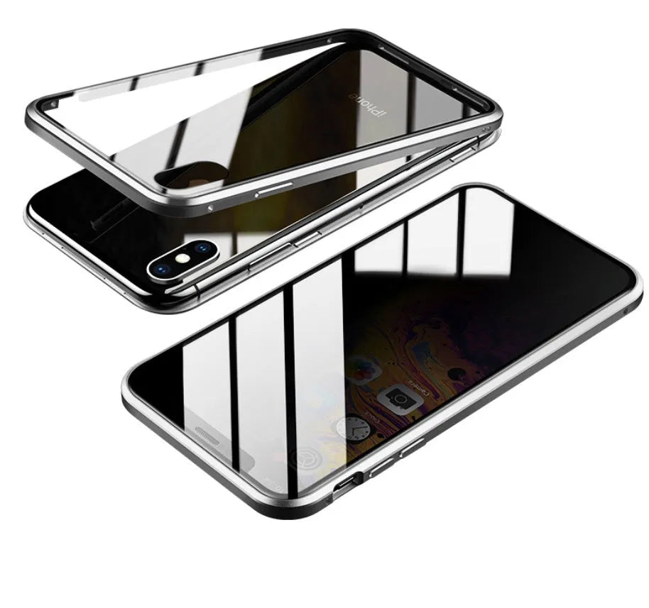 Glass clamshell anti-spy phone case for iPhone in multiple solid colours including black, blue, gold, green, red, and silver