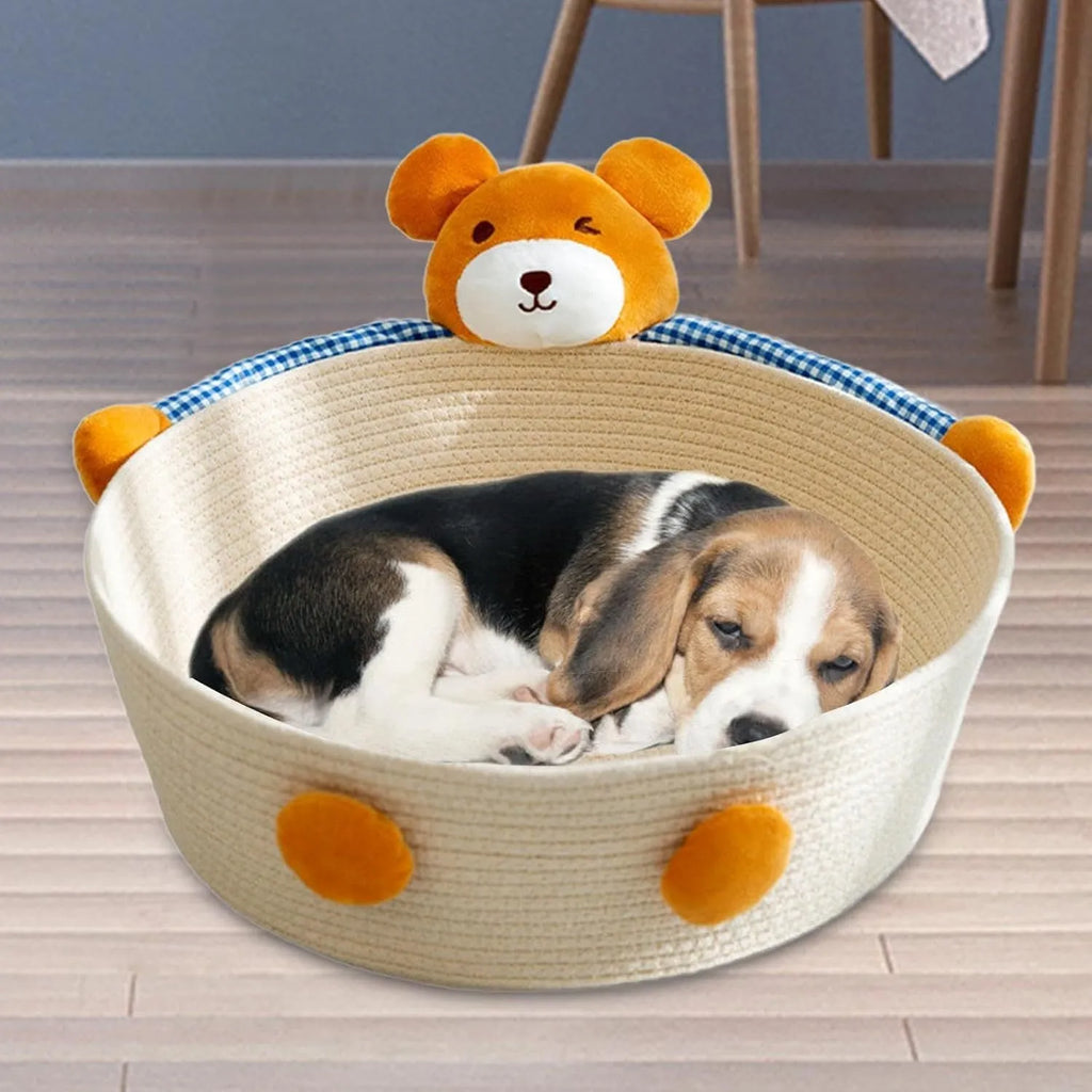 Woven cotton rope pet basket functioning as a cat bed, scratcher, and storage container in a natural colour.
