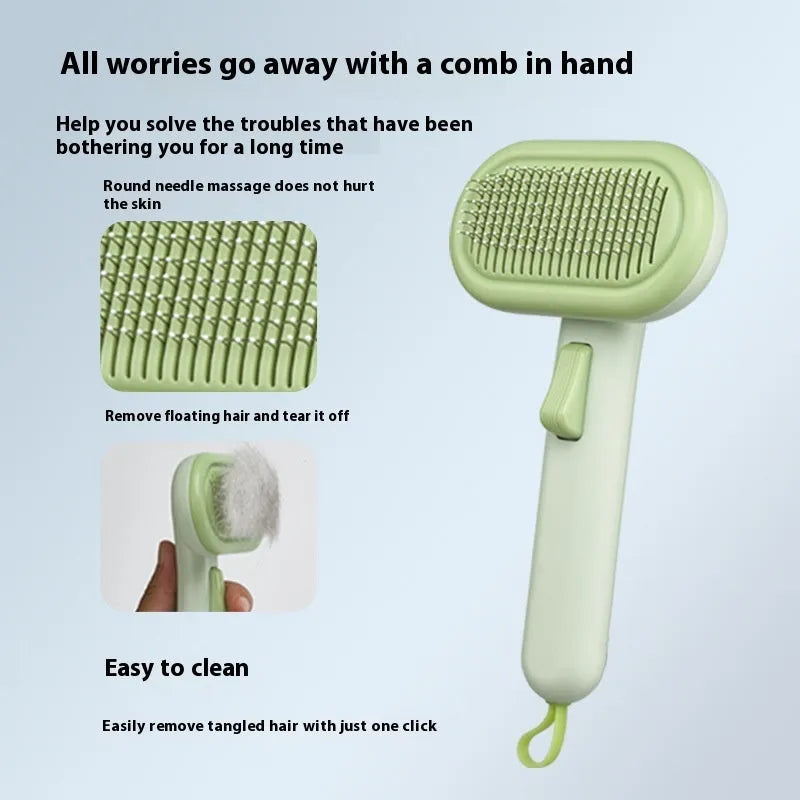 Large pet hair removal comb in light grey with stainless steel teeth and one-click knot remover.
