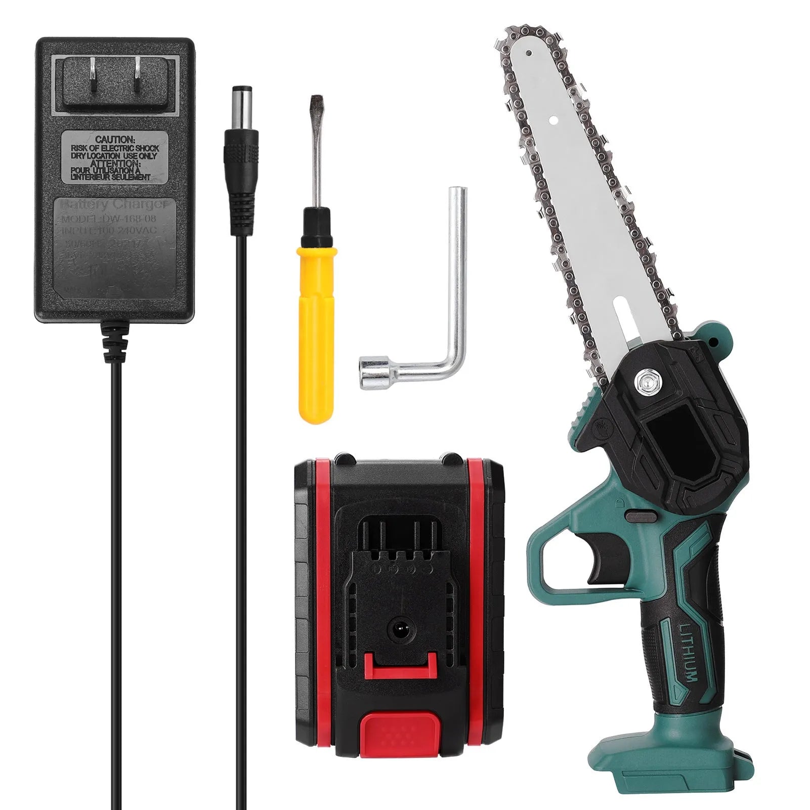 Black mini electric chainsaw with 4-inch chain, lightweight one-hand design on workbench