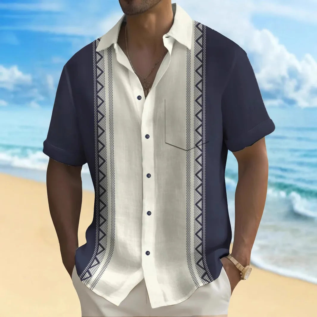 Men's multicolour printed loose fit leisure shirt in polyester fabric with cardigan style front