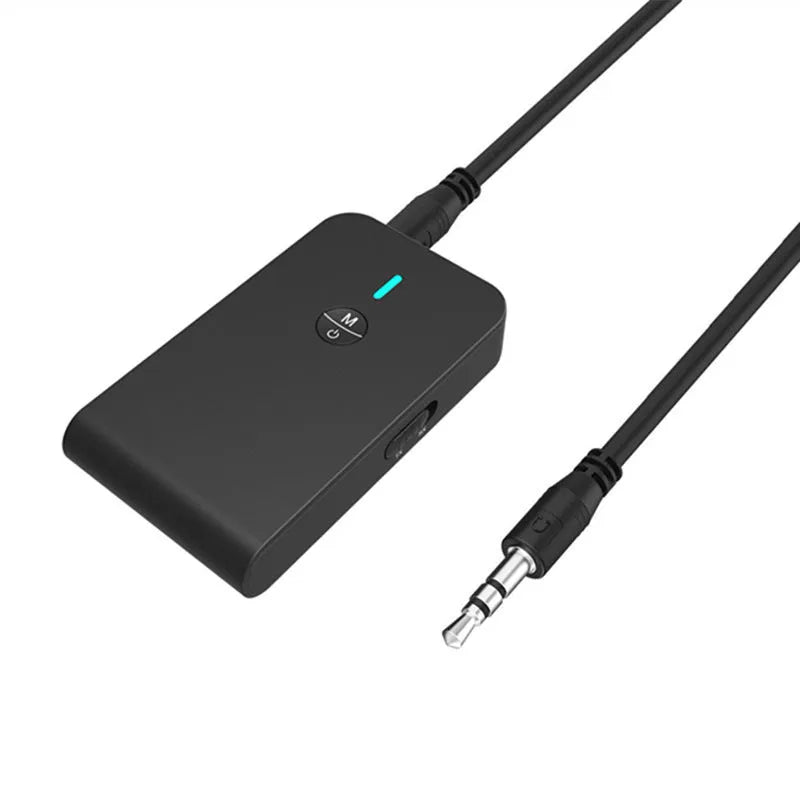 Black Bluetooth audio adapter with 3.5mm connector and external power supply