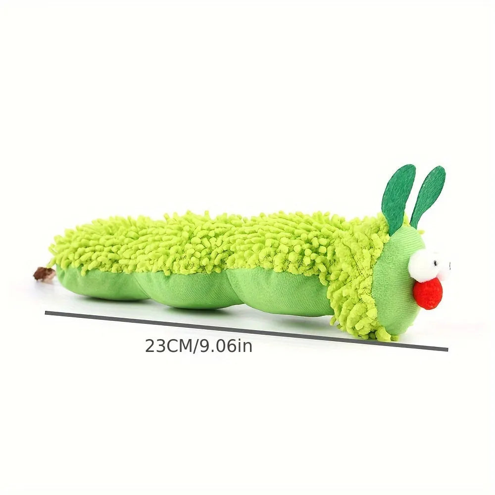 Green interactive plush cat toy pillow on a white background, showing its 24cm length.