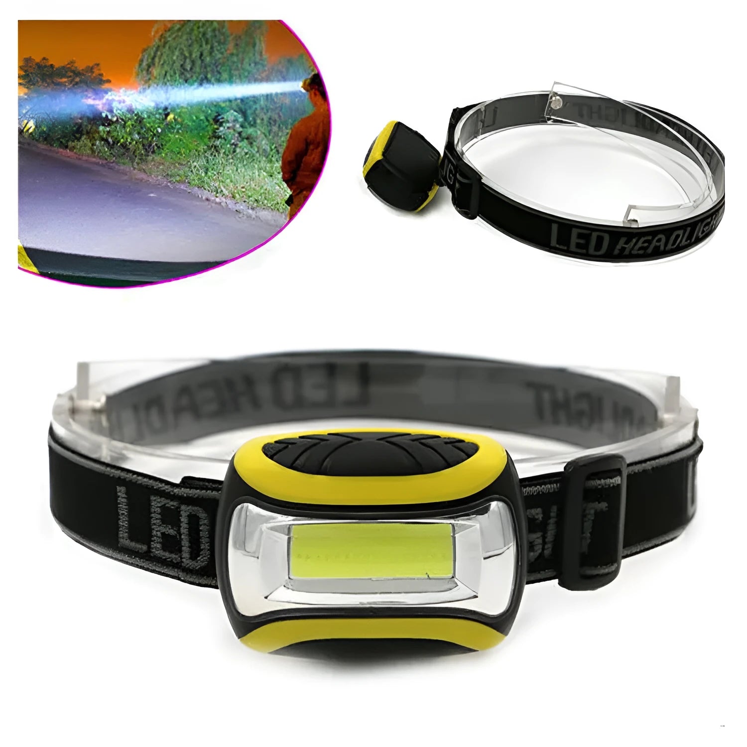 Yellow plastic three-speed headlamp with COB LED for outdoor night activities