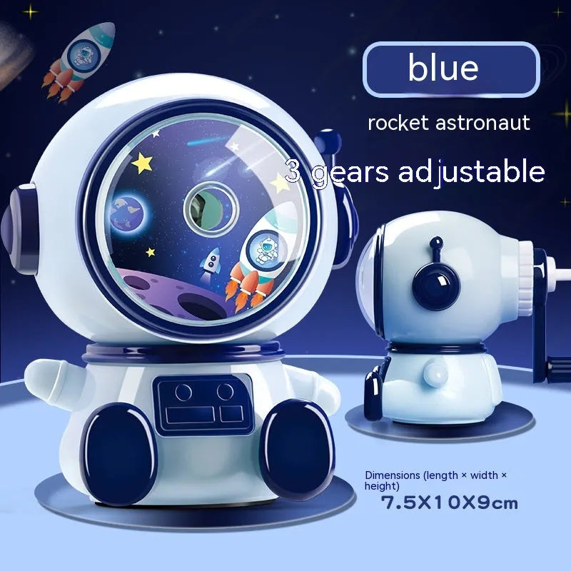 Astronaut-themed manual pencil sharpener in blue or pink with adjustable three-level system