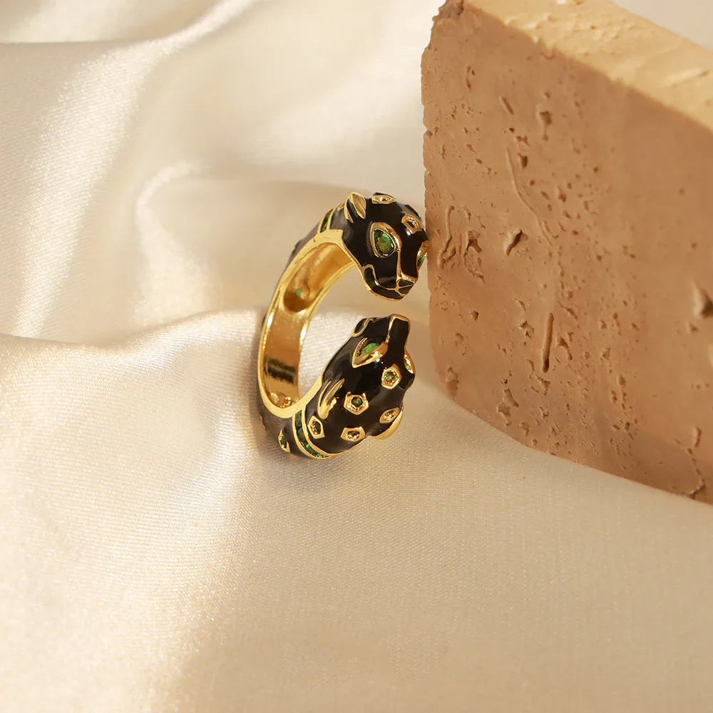 Black cheetah pattern geometric open ring for women in size 7 with copper electroplated construction