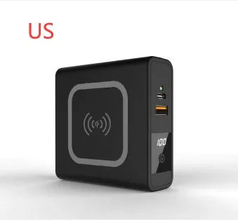 Black and white QI wireless charging power bank with PD20W fast charging and international travel plugs