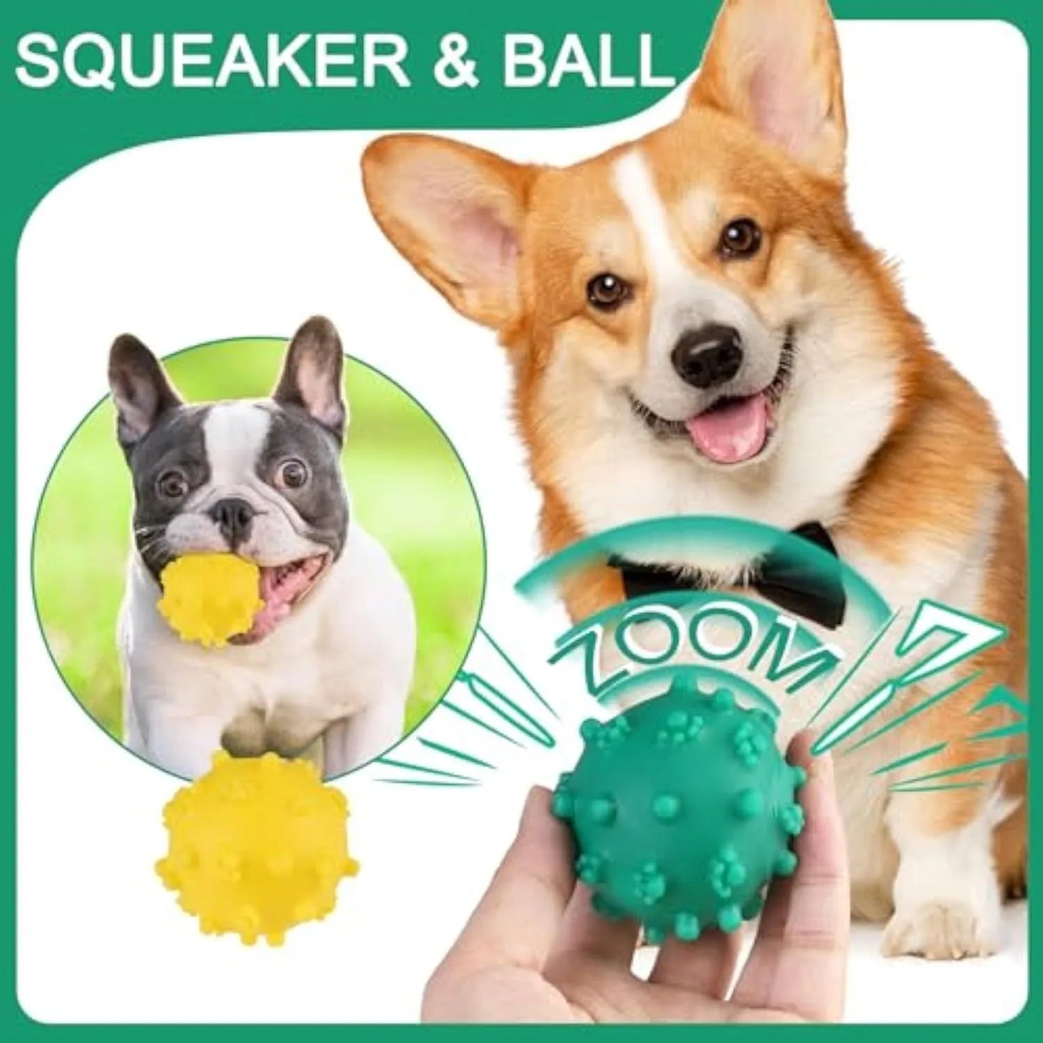 Bright blue, green, pink, and yellow spiked dog toy balls with paw print dimples on a white background.