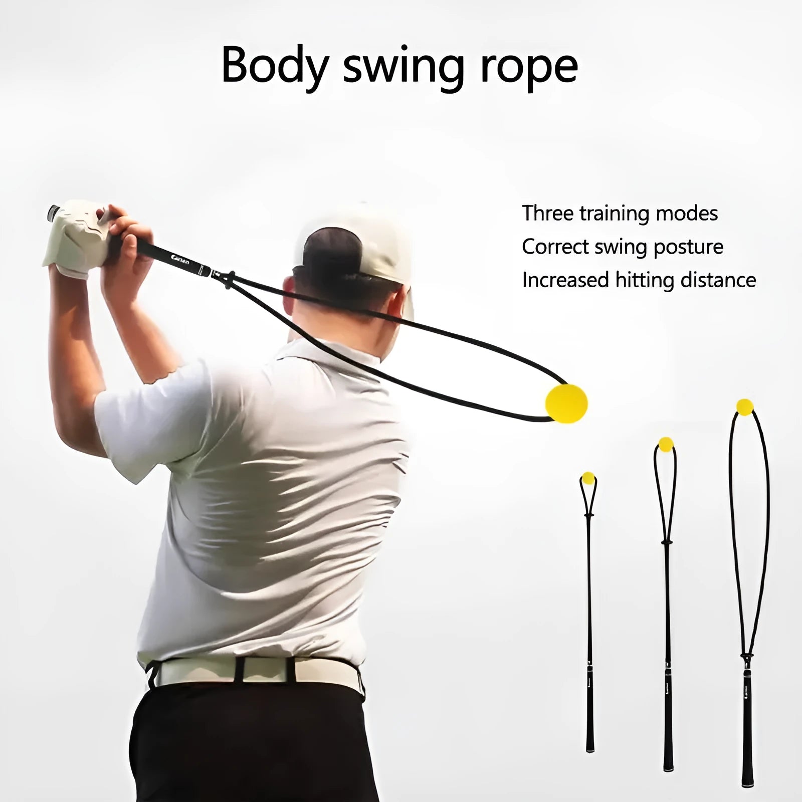 Black silicone elastic golf swing training rope extended to full length