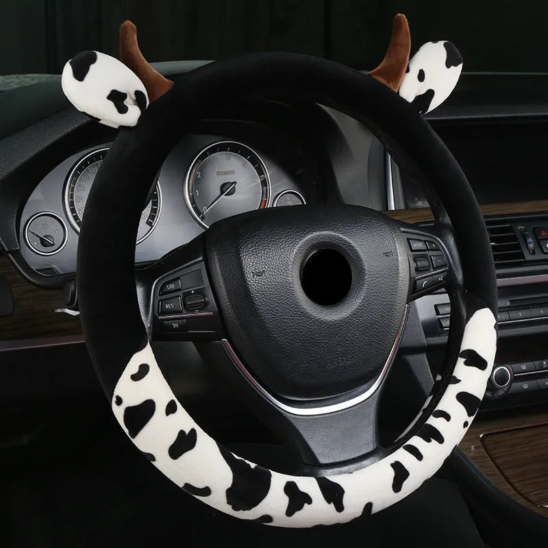 Short plush car steering wheel cover with protective handle in 38cm diameter