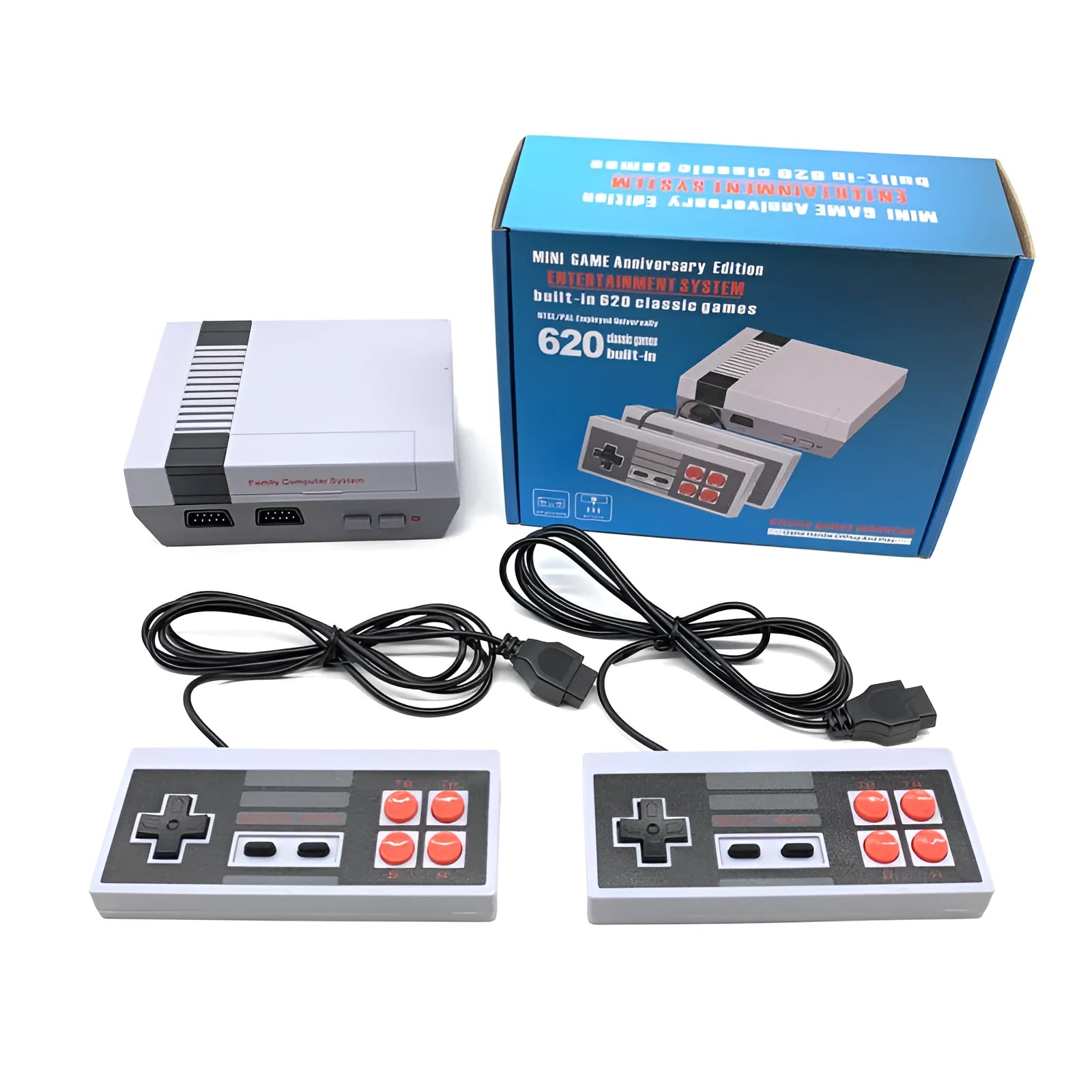 NES retro game console with two controllers, power supply, and AV cable on dark surface