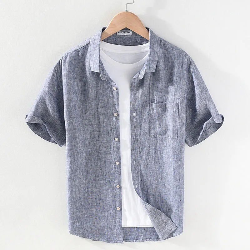Men's raw jute linen short sleeve shirt with square collar on hanger
