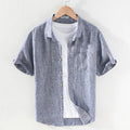 Men's raw jute linen short sleeve shirt with square collar on hanger