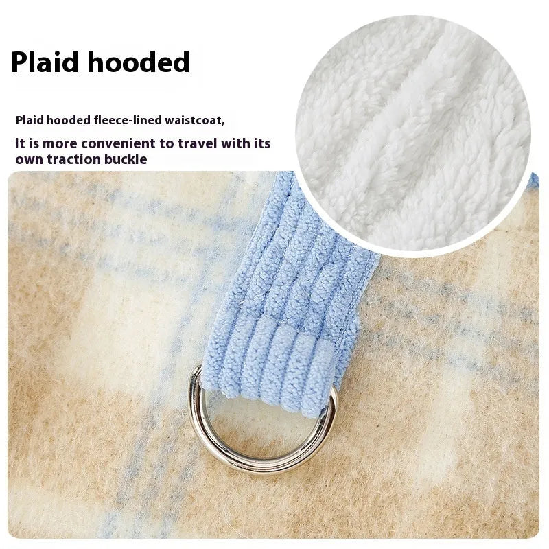 Blue corduroy dog hooded vest with chessboard grid pattern and traction-lined hood for autumn winter wear