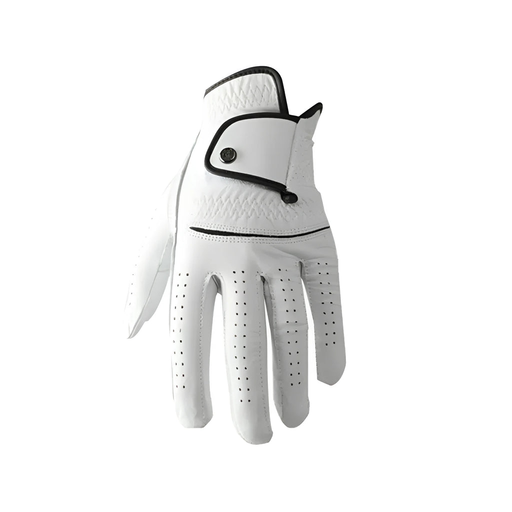 Men's white half sheepskin golf glove showing breathable construction and non-slip surface