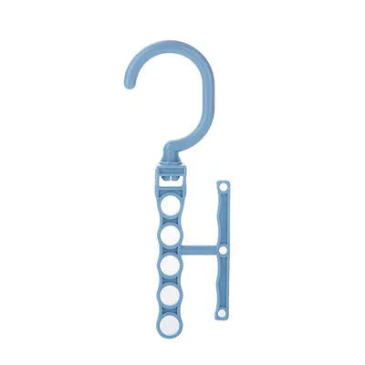 Blue revolving plastic wardrobe hanger with five hanging branches and a central handle for space saving