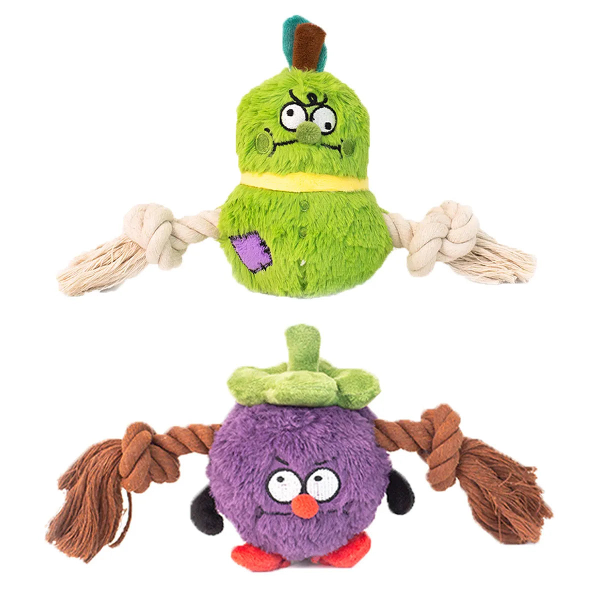 Green and purple interactive dog toy with plush centre and knotted rope tug-of-war arms