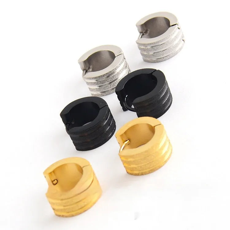 Korean style titanium steel earrings with three-line frosted geometry design in black, gold, or steel colour