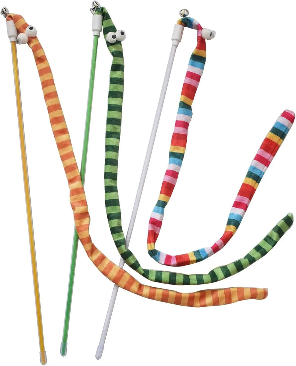 Colourful cat wand toy with long plush strip attachment for interactive play