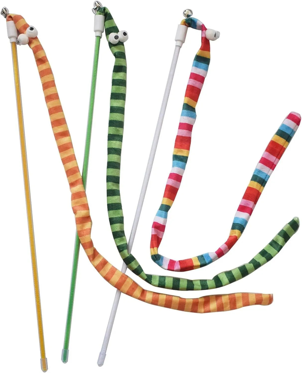 Colourful cat wand toy with long plush strip attachment for interactive play