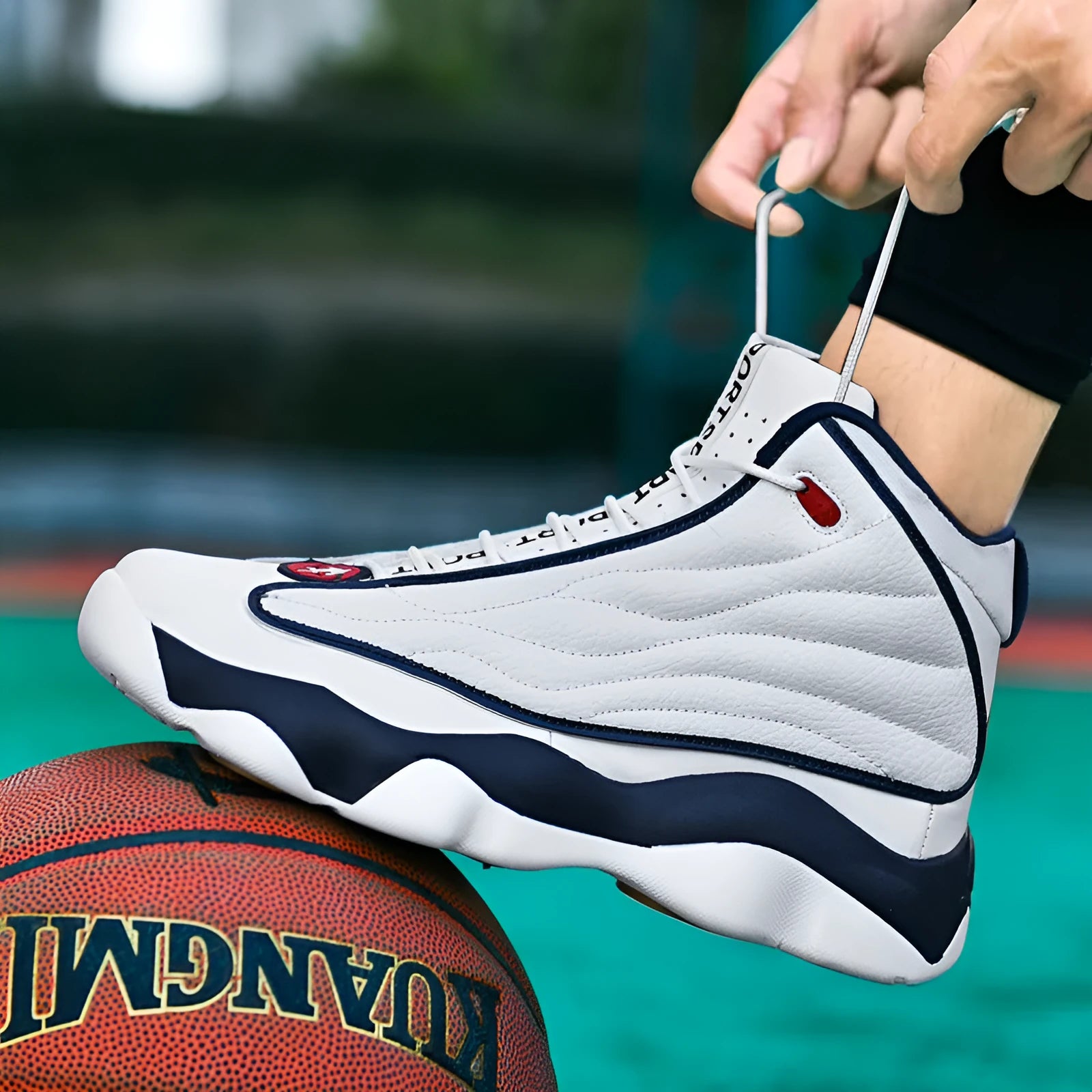 High-top basketball shoes with thick rubber soles and mesh upper in AJ13 colour options