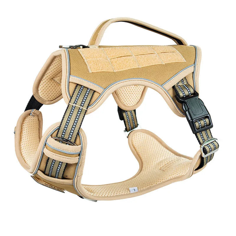 Tactical dog chest harness in Oxford cloth for search and rescue work, shown in camouflage colour.