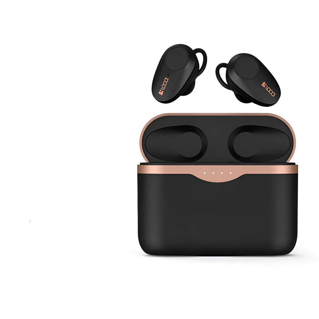 Black wireless Bluetooth headset with bilateral earpieces and a charging stand on a table.