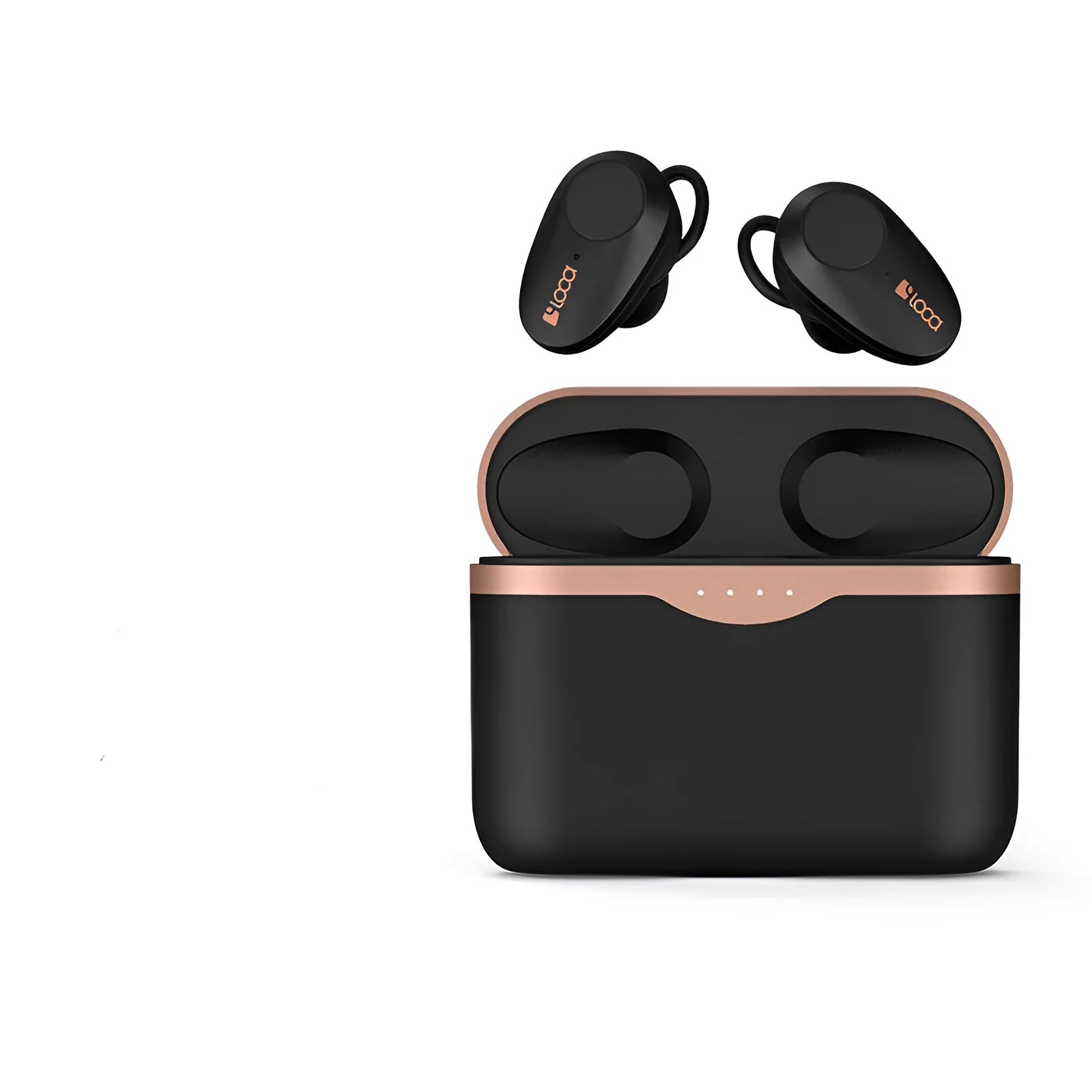 Black wireless Bluetooth headset with bilateral earpieces and a charging stand on a table.
