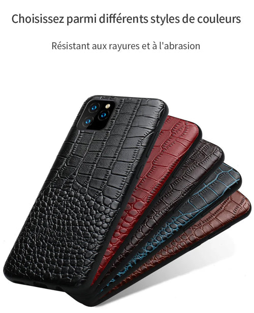 Handmade leather iPhone case featuring a crocodile pattern texture in black, red, brown, or blue.