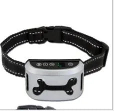 Digital anti-bark dog training collar with reflective strap on black, gold, and silver backgrounds.