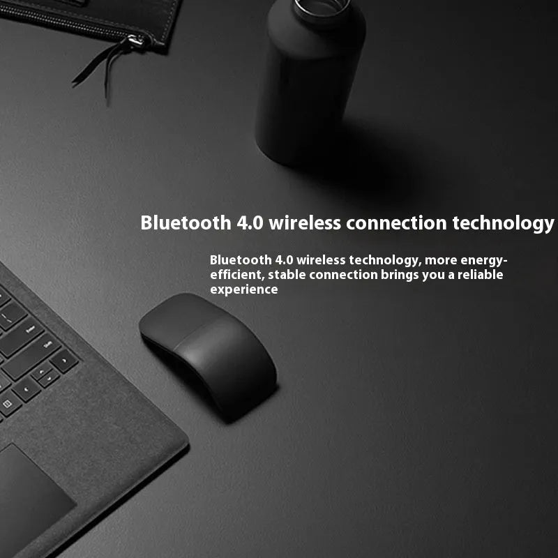 Black folding Bluetooth wireless mouse showing compact 14.5mm thickness beside unfolded 131.2mm measurement