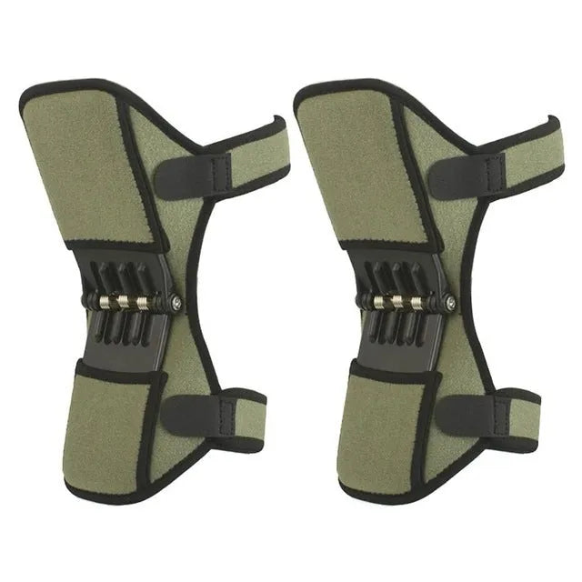 Adjustable black spring knee brace with straps and venting holes for sports support.