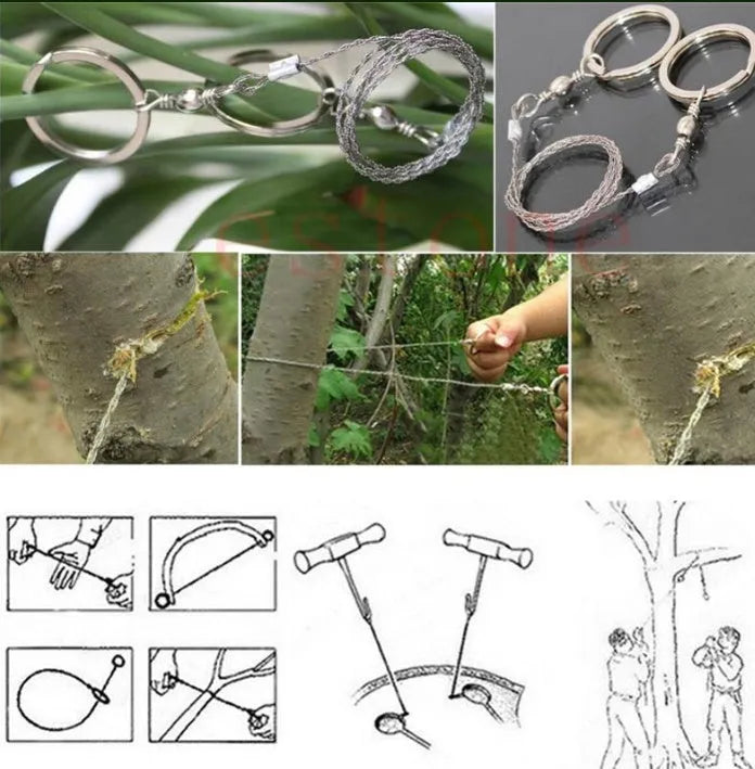 70cm stainless steel survival wire saw with thumb rings showing 600mm cutting blade
