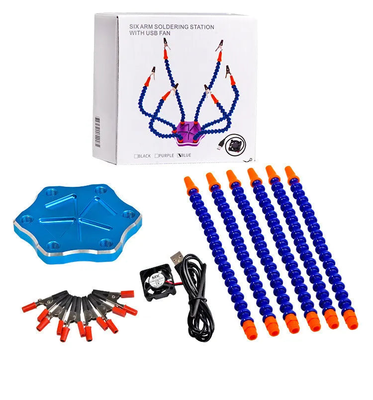 Black aluminium alloy six-claw welding station with multiple adjustable arms for model repair