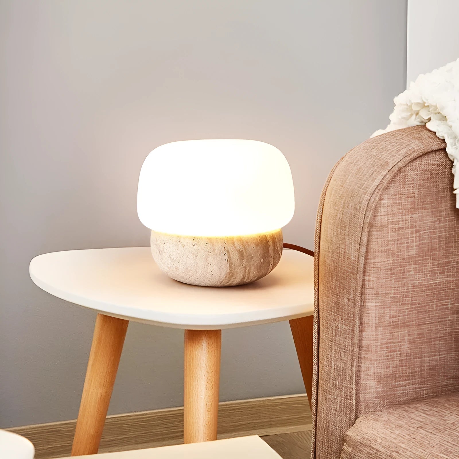 Cream coloured retro bedside lamp with button switch, 18x17cm size