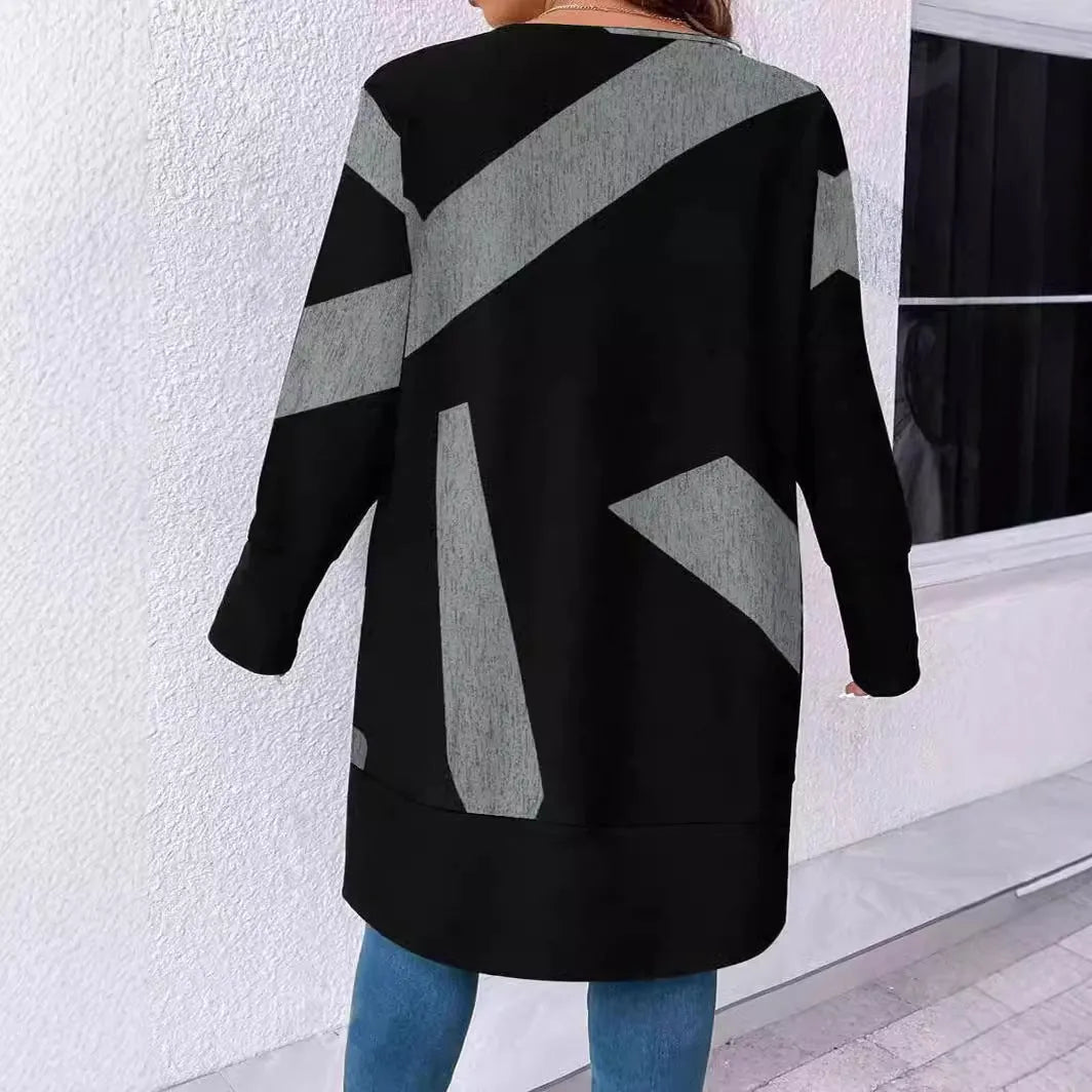 Black plus size casual cardigan coat with button stitching and printing details, loose fit