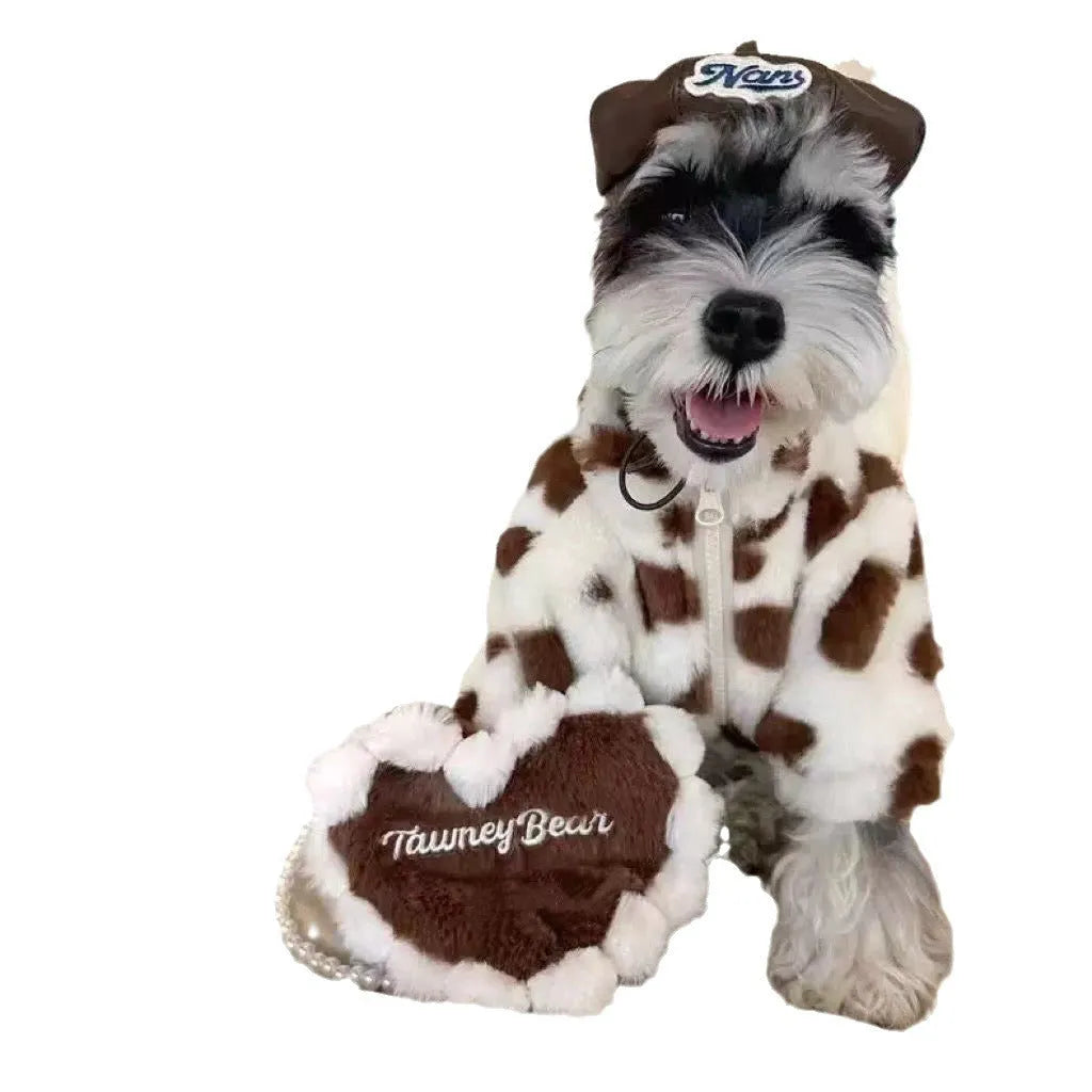 Plush polyester warm coat for small dogs in British style, available in pink or brown colours