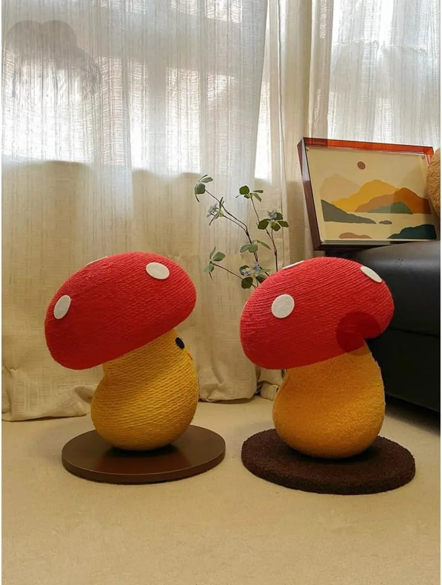 Round mushroom-shaped cardboard cat scratcher with foldable accordion design for furniture protection