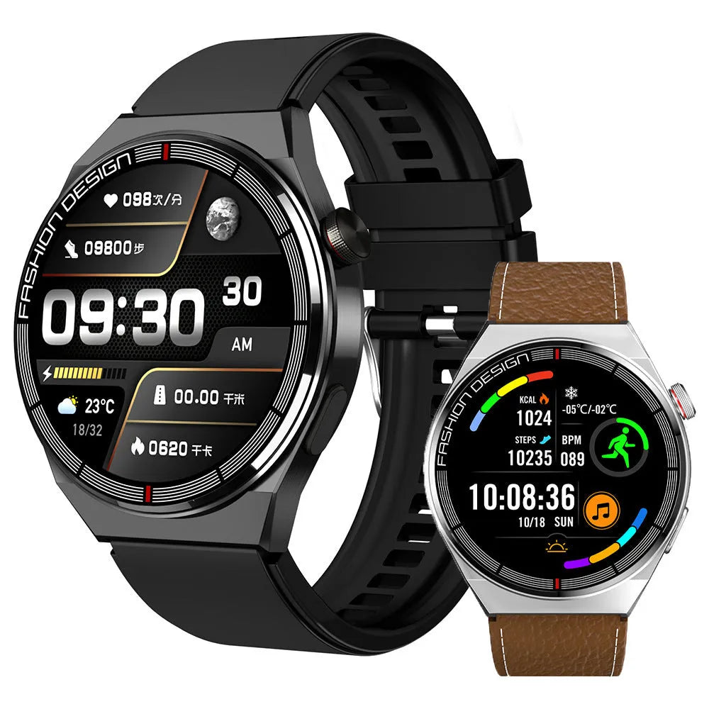 Black smartwatch with 1.28-inch screen showing health metrics on silicone strap