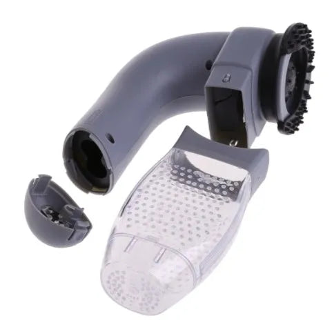 Grey portable electric pet hair removal brush with soft rubber head for grooming dogs and cleaning sofas.