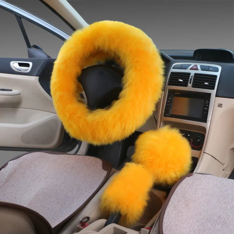 Wool and cashmere blend steering wheel cover and two matching handle covers set for 38cm diameter wheels.