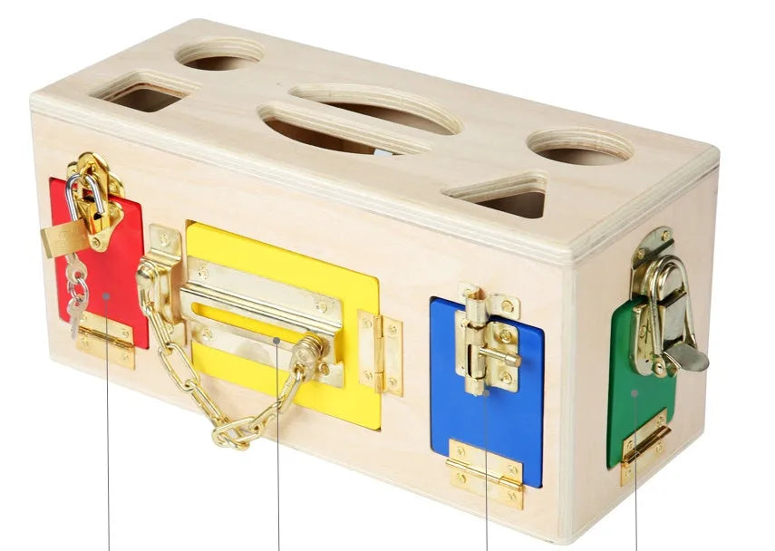 Wooden educational shape lock box preschool toy with 12 matching pieces