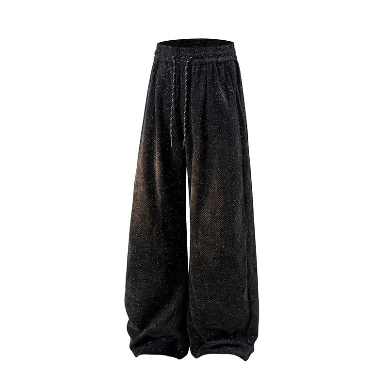 Straight-leg fleece-lined trousers in light grey on a hanger, showing elastic waistband.