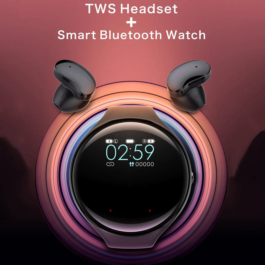 Black detachable smart bracelet with Bluetooth TWS earphones showing colour screen displaying heart rate