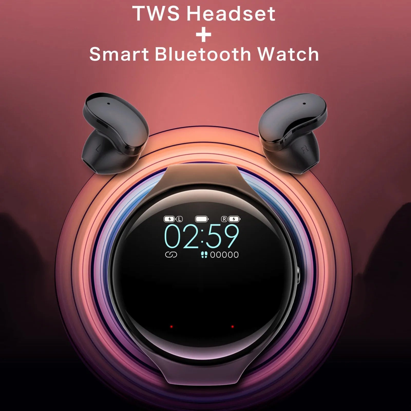 Black detachable smart bracelet with Bluetooth TWS earphones showing colour screen displaying heart rate