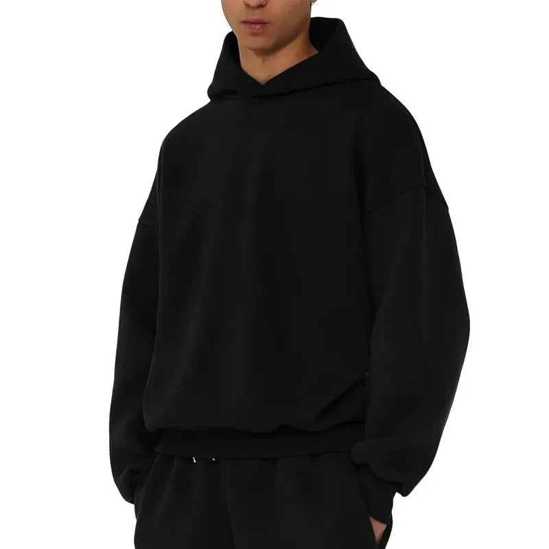 Men's grey fleece-lined cotton pullover hoodie with a front pocket and threaded long sleeves.