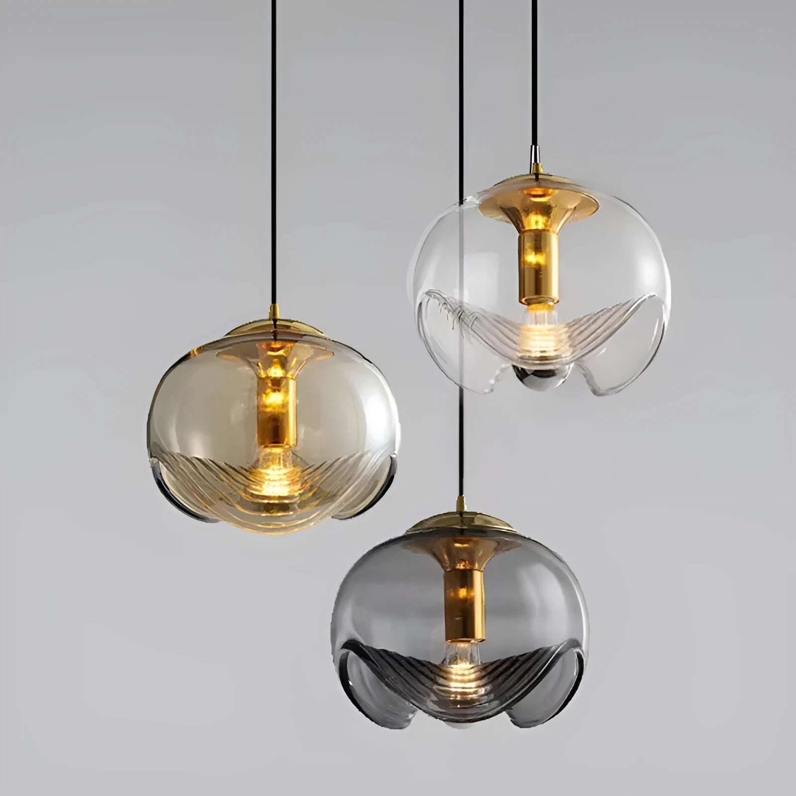 Modern minimalist glass chandelier bedside lamp with 250mm size shown in transparent, amber, and smoky grey colour options