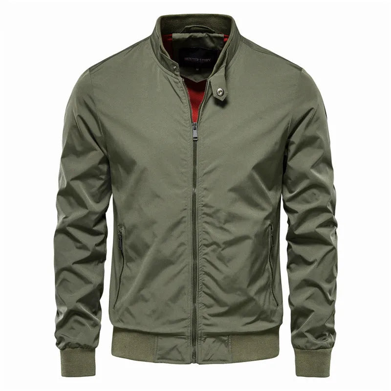 Men's solid colour casual lightweight jacket in Army Green on a hanger