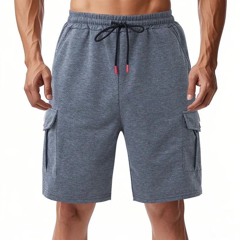 Man's loose fit multi-pocket cargo shorts in light grey heavy ring fabric.