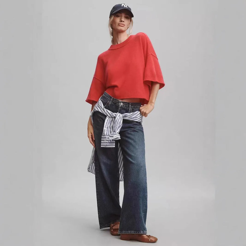 Red and white hot girl style viscose T-shirt with exposed navel design on a hanger.